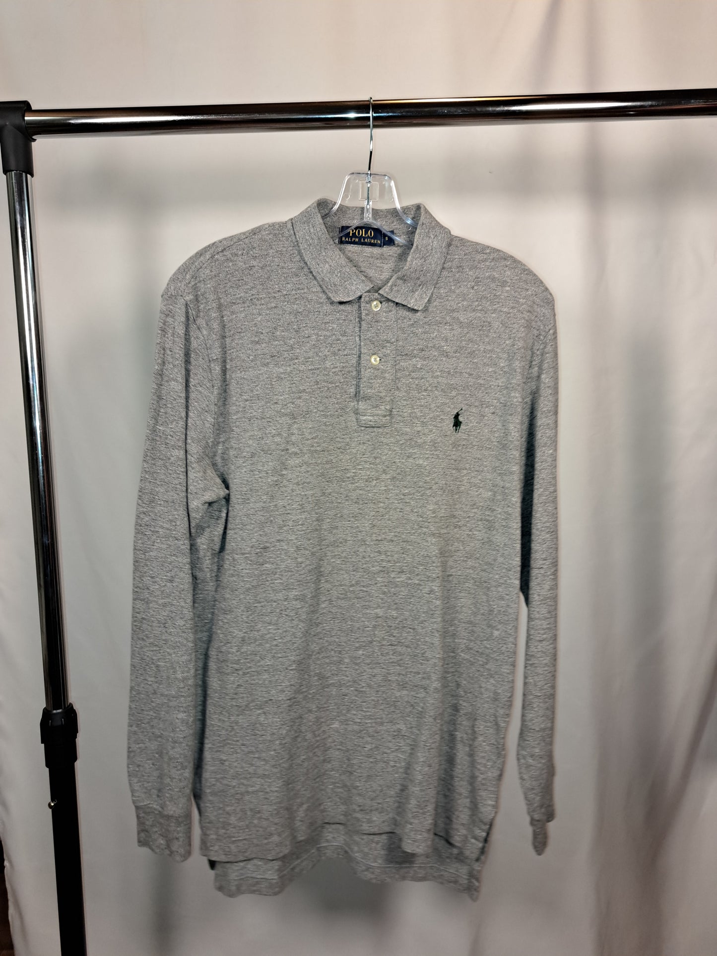 Vintage Polo Ralph Lauren Longsleeve – Hellgrau mit grünem Logo, Größe S | Classic Piqué Shirt