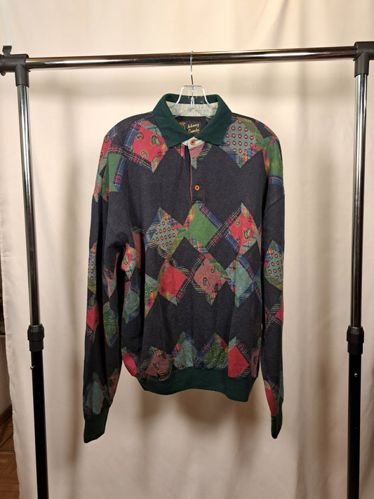 Vintage 90s Patchwork Pattern Polo Sweater / Abstract Allover Print / Size M