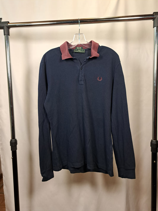 Fred Perry Vintage Longsleeve Polo / Navy–Burgundy Contrast Collar / Shirt Size L