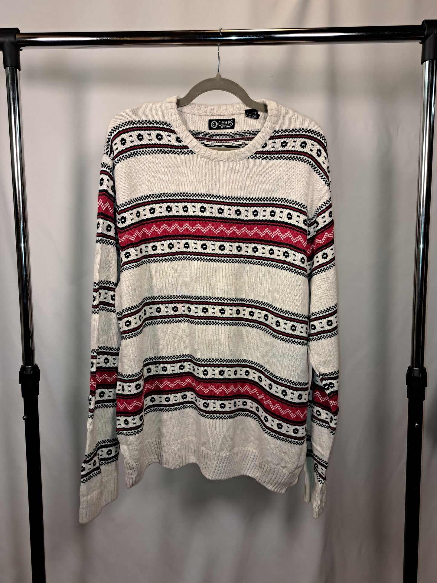 Chaps by Ralph Lauren – Vintage Fair Isle Strickpullover / Weiß–Rot–Schwarz / Größe L