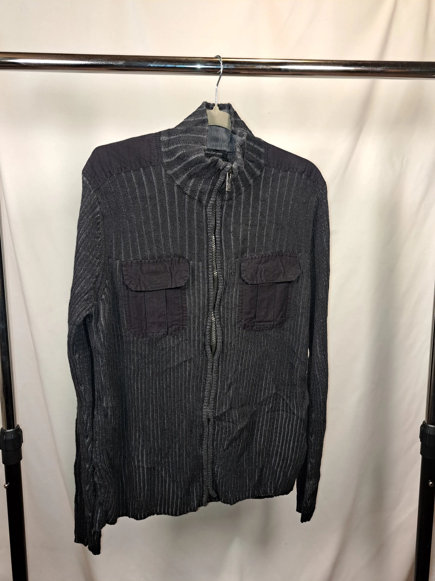 Calvin Klein Vintage Zip-Up Rib Knit Zipper Jacket Grau – Größe M | Utility Pocket Design Calvin Klein