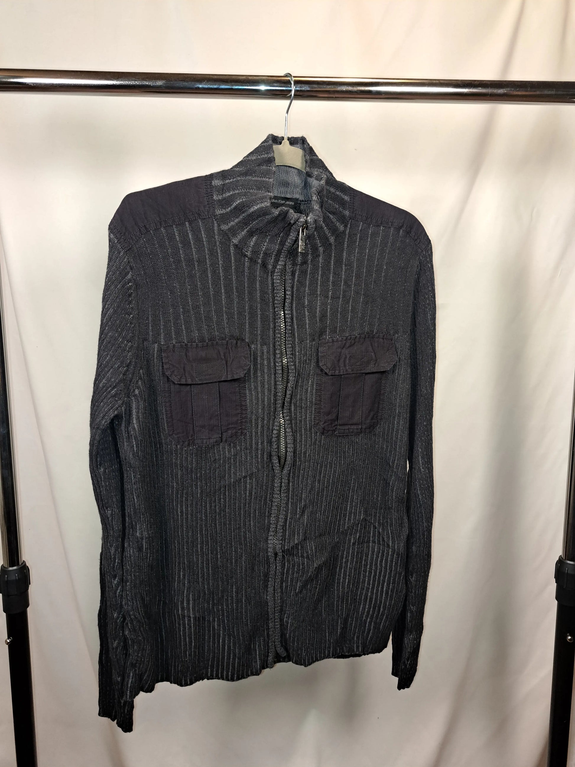 Calvin Klein Vintage Zip-Up Rib Knit Zipper Jacket Grau – Größe M | Utility Pocket Design Calvin Klein